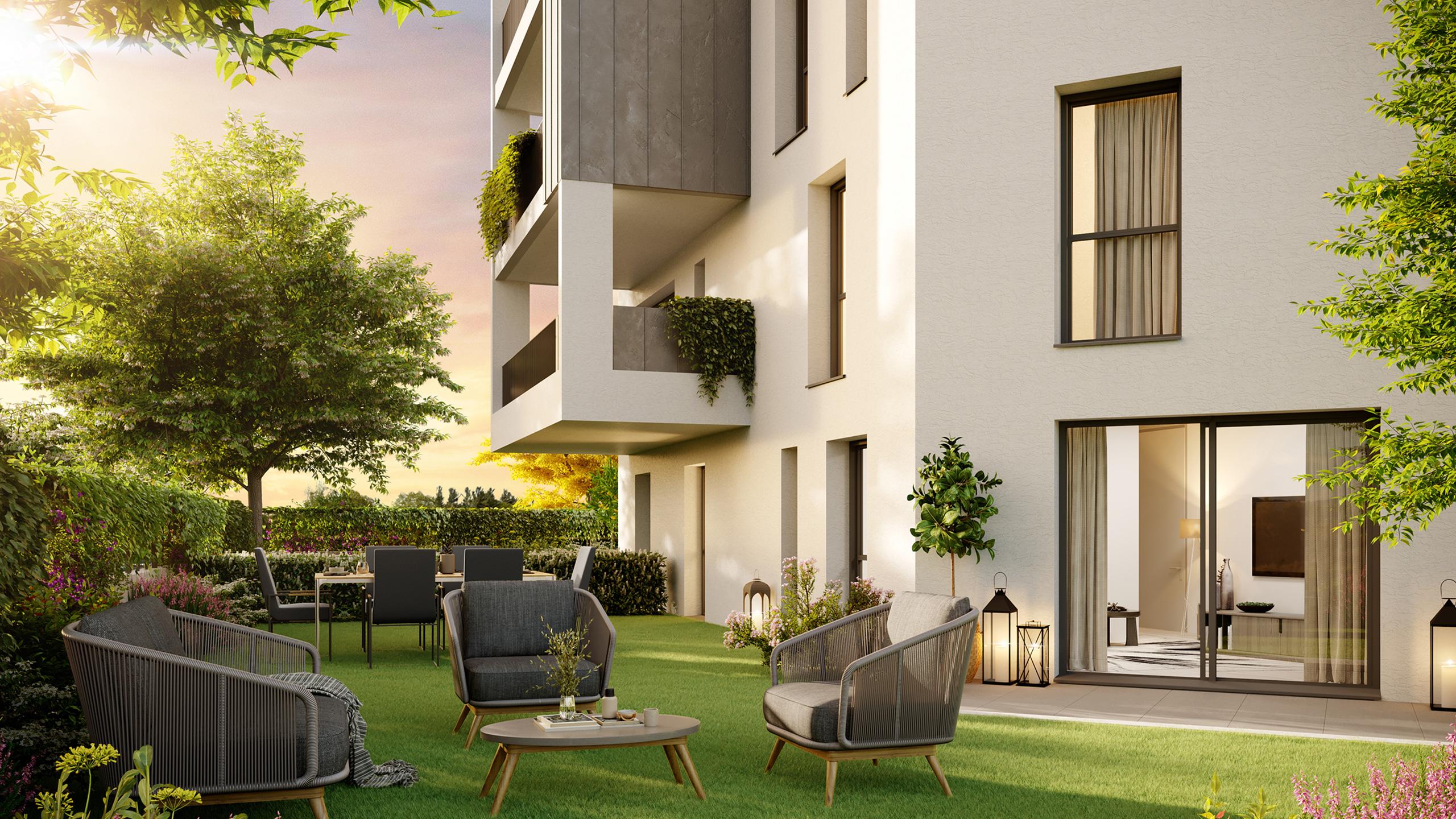 Vue sur le jardin d'un appartement de la résidence Clos Marlioz à Aix les bains