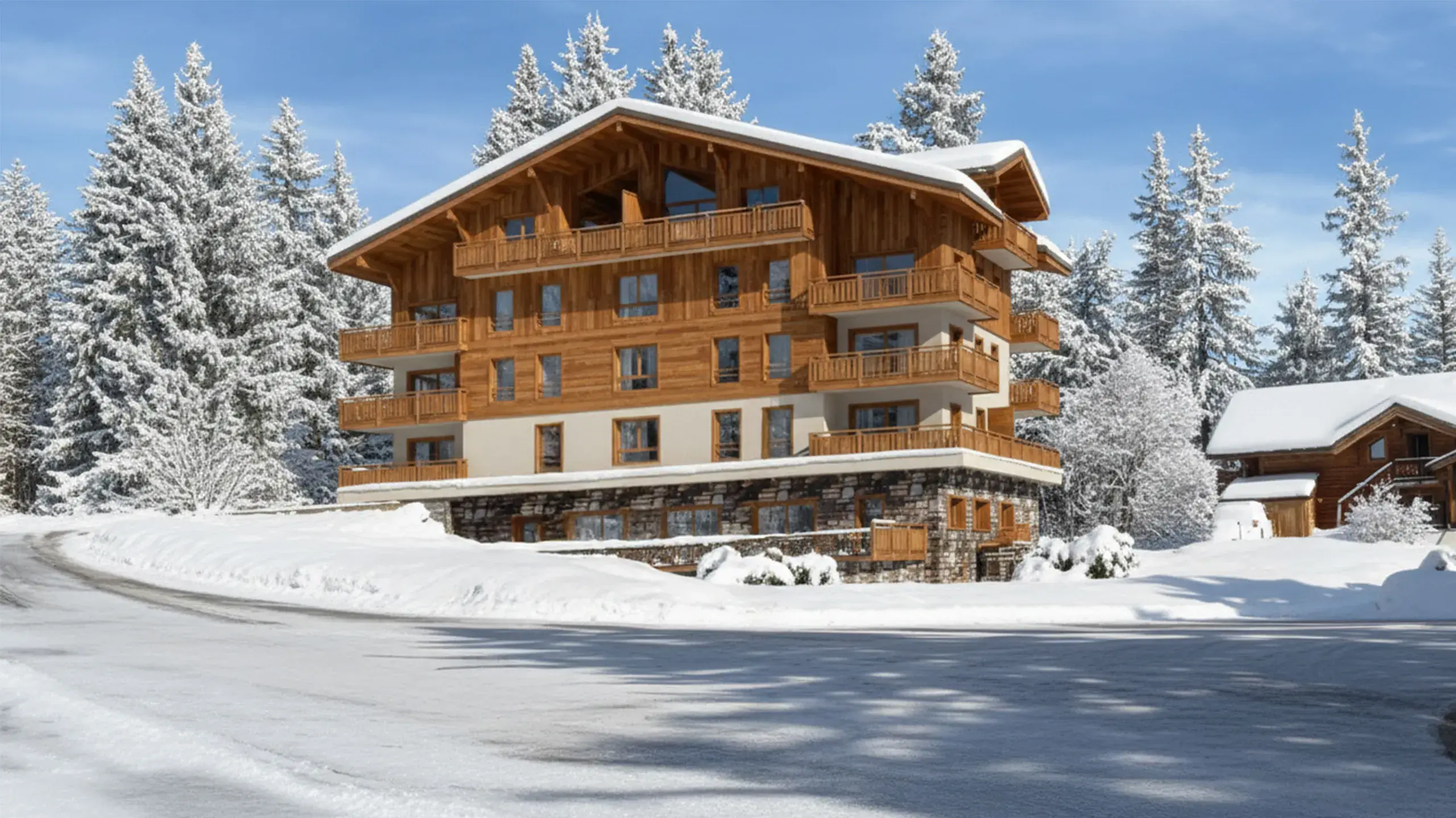 Vue extérieure du Chalet Caribou aux Saisies en hiver, résidence de prestige à la montagne
