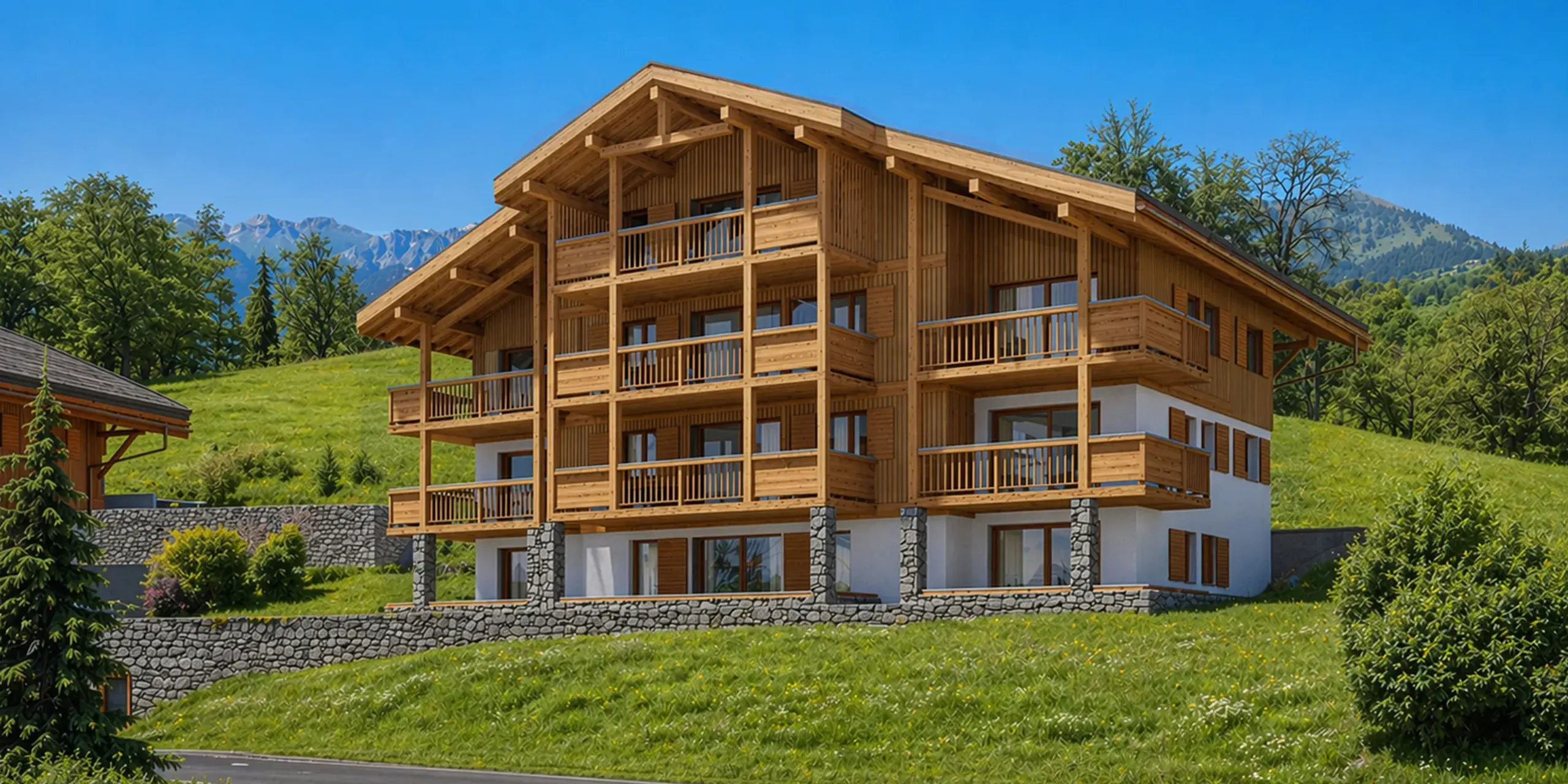 Chalets Bérénice à Samoëns, extérieur d'un chalet, en été