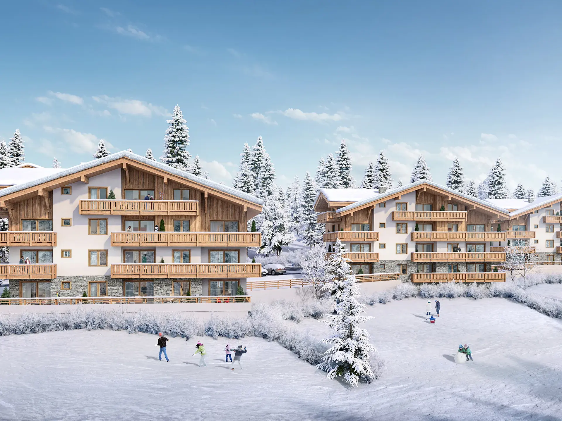 Vue extérieure de la résidence Akasha sous la neige 