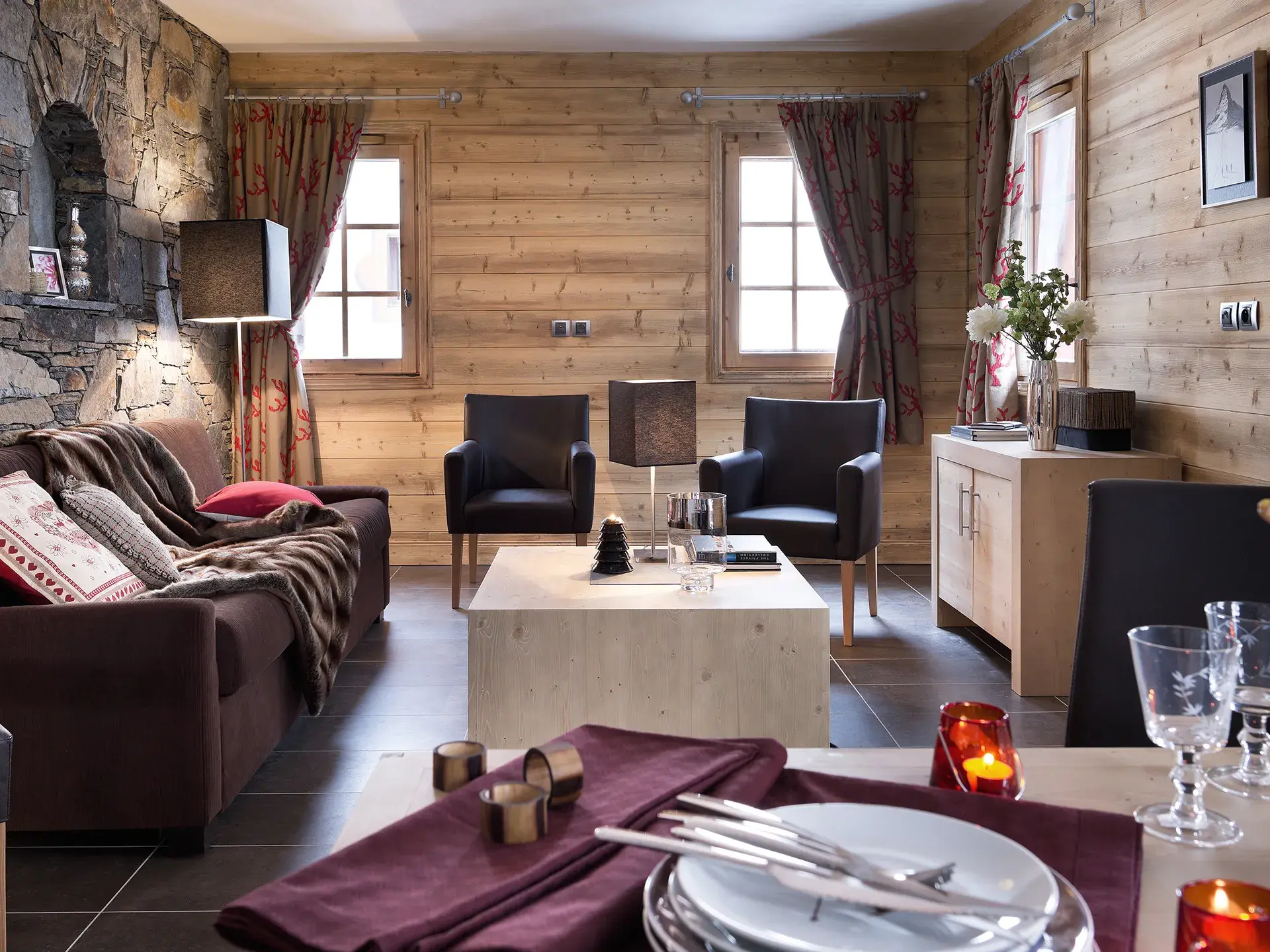 Salon d'un appartement au sein des Chalets Myrna aux Saisies 
