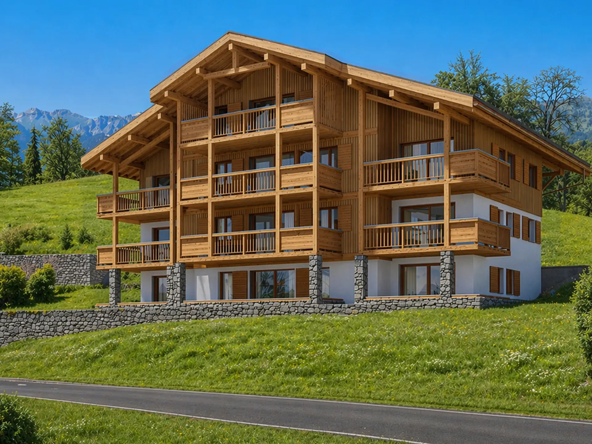 Chalets Bérénice à Samoëns, extérieur d'un chalet, en été