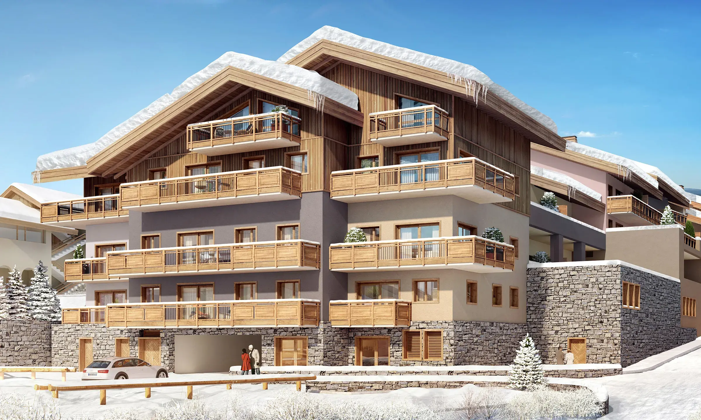 Perspective de la résidence Akoya, vue extériere sous la neige, à Valmorel