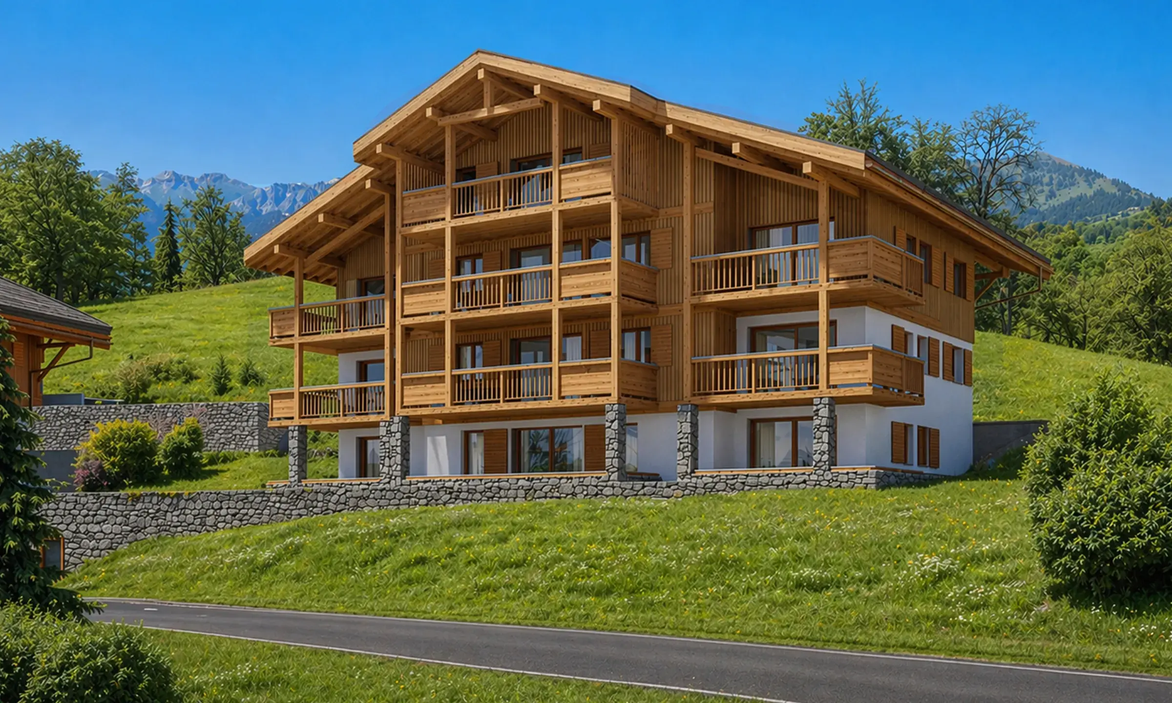Chalets Bérénice à Samoëns, extérieur d'un chalet, en été