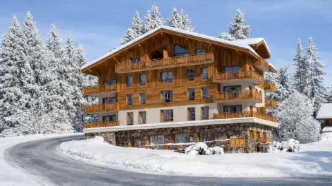 Vue extérieure du Chalet Caribou aux Saisies en hiver