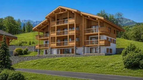 Chalets Bérénice à Samoëns, extérieur d'un chalet, en été