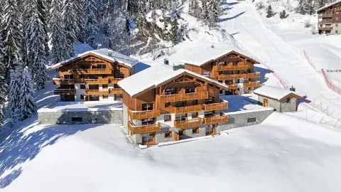 Chalets Myrna aux Saisies, extérieur enneigé avec vue sur les pistes de ski