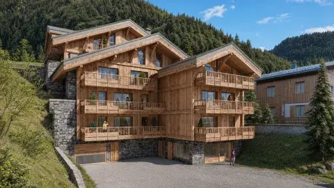 Perspective extérieure de la résidence Chalet Naya à Champagny-en-Vanoise en été